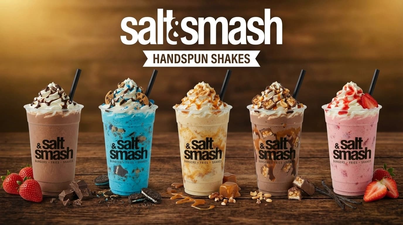 Salt & Smash Handspun Shakes – Assorted handspun shakes with whipped cream, chocolate drizzle, caramel sauce, and cookie crumbles on a wooden table